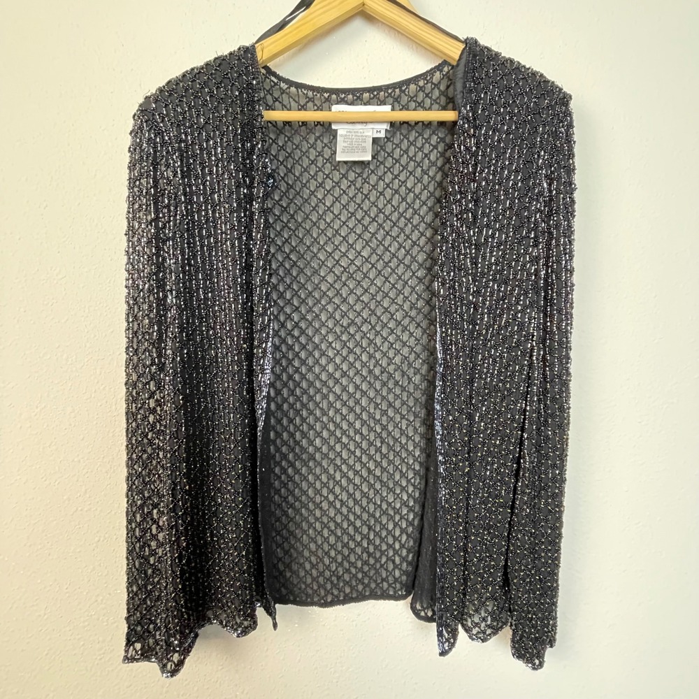 Adrianna Papell Evening Beaded‎ Mesh Open Front Long Sleeve Cardigan Jacket M